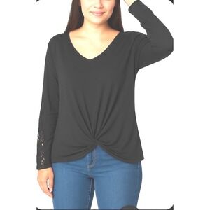 Black L Lightweight Sweater Top Long Sleeve Twist Front V Neck Crotchet Sleeve